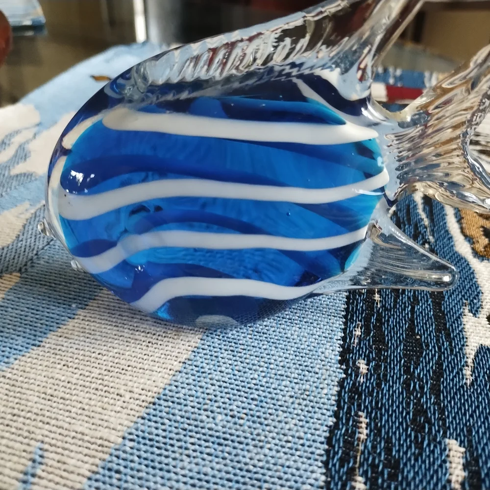 Murano Style Beautiful Paperweight Fish Blue and White Glass Fish Figurine